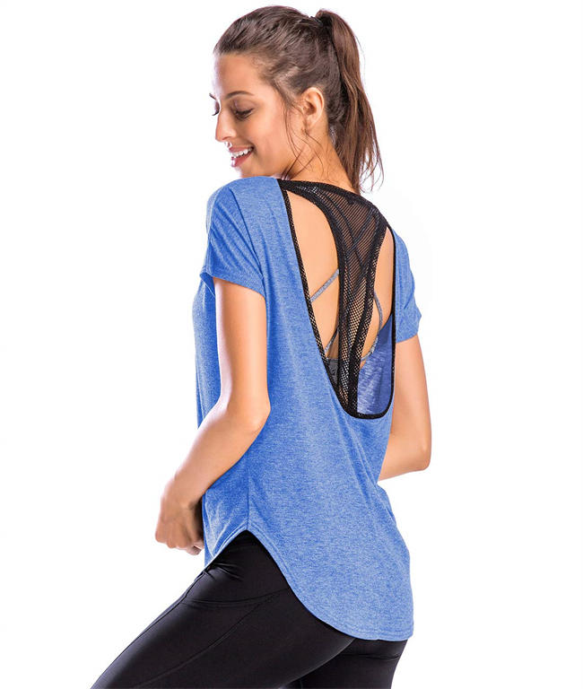 Womens Workout Tops Loose Fit Yoga Shirts Mesh Open Back Short Sleeves Activerwear